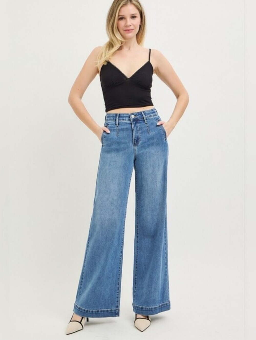Risen Jeans Womens Size 11/30 Blue Wide Leg Buckle Waist Pleated Denim PW21041
